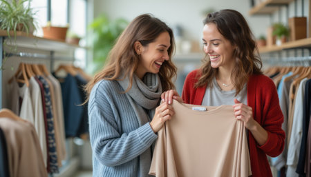 Two young women, one with long brown hair in a cozy sweater and the other with wavy hair in a red cardigan, share a moment of excitement while holding up a stylish beige top in a trendy clothing store. Their smiles radiate happiness and friendship, capturing the essence of a delightful shopping experience filled with laughter and connection.の素材