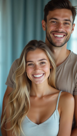 A happy couple stands closely together, radiating joy and love with their bright smiles. The soft blue background enhances the warmth of their connection, showcasing their affectionate bond and carefree spirit.の素材