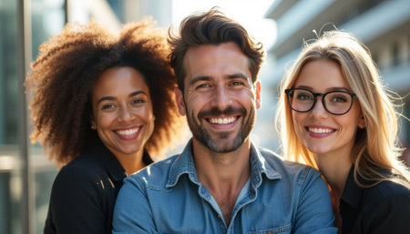 Three friends, a man and two women, are beaming with joy in a lively city backdrop. Their diverse features and warm expressions radiate happiness and camaraderie, capturing a moment of genuine connection and friendship.の素材