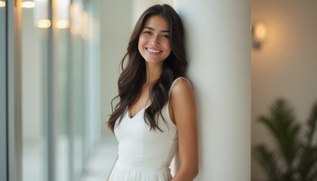 A beautiful young woman with long, flowing dark hair stands confidently against a sleek, modern interior. Her warm smile and elegant white dress exude joy and sophistication, creating an inviting atmosphere.の素材