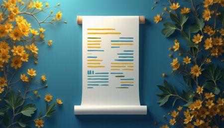 A beautifully designed scroll with colorful lines rests against a serene blue background, framed by bright yellow flowers. This artistic composition evokes a sense of creativity and inspiration, inviting viewers to explore the harmony between nature and art.の素材