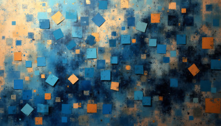 This captivating abstract artwork features a dynamic arrangement of blue and orange squares scattered across a textured background. The interplay of colors creates a sense of depth and movement, evoking feelings of creativity and inspiration.の素材