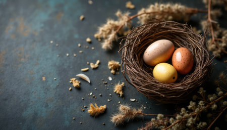 A charming nest made of twigs cradles three beautifully colored eggsâone yellow, one brown speckled, and one pale. This serene composition evokes feelings of warmth and new beginnings, perfect for celebrating natures beauty and the arrival of spring.の素材