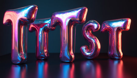 A striking display of glossy, metallic letters T, T, T, S, and T glimmer against a dark backdrop, creating a captivating visual. The letters reflect a spectrum of colors, showcasing a blend of pink and blue hues that evoke a sense of modernity and creativity.の素材