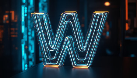 The image showcases a striking, illuminated letter W crafted from neon-like materials, radiating vibrant blue and orange hues. Set against a dark, tech-inspired background, this captivating design evokes a sense of modernity and innovation, perfect for branding or digital art.の素材