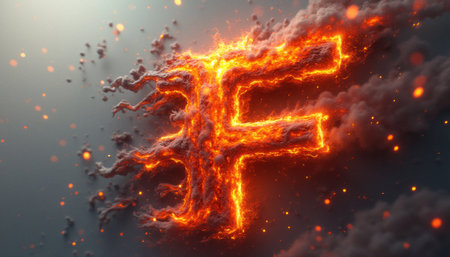 The image showcases a bold letter F, crafted from vibrant flames and surrounded by swirling smoke, creating a dramatic and intense atmosphere. This striking visual symbolizes energy and creativity, perfect for branding or artistic projects that demand attention and evoke passion.の素材