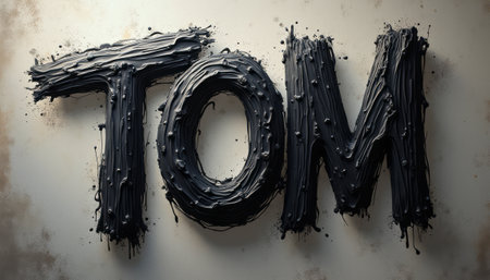 The image features the name TOM artistically ed in thick, glossy black paint, creating a striking contrast against a weathered wall. The texture and sheen of the paint evoke a sense of modern artistry, making it perfect for creative projects or personal branding.の素材