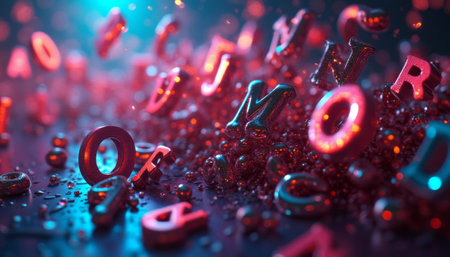 A mesmerizing scene of colorful letters scattered across a dark surface, illuminated by a captivating blue and red glow. The interplay of light and reflections creates a magical atmosphere, inviting creativity and imagination.の素材