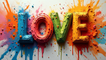The word LOVE is artistically crafted in bold, textured letters, surrounded by a burst of colorful paint splatters. This lively composition radiates joy and creativity, making it a perfect representation of affection and artistic expression.の素材