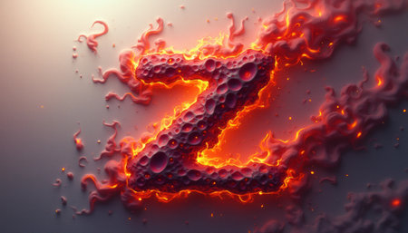 The image showcases a striking 3D letter Z engulfed in vibrant flames and a molten, bubbly texture, creating a dynamic visual impact. The fiery glow and intricate details evoke a sense of energy and creativity, making it perfect for modern designs and branding.の素材