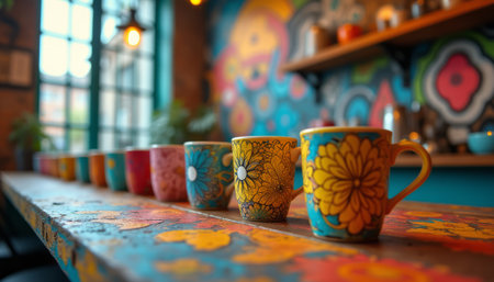 A row of beautifully designed ceramic mugs in various colors and patterns sits on a rustic wooden table, surrounded by a lively, artistic backdrop. The image captures the essence of creativity and warmth, inviting viewers to enjoy a cozy moment with friends over a cup of coffee or tea.の素材