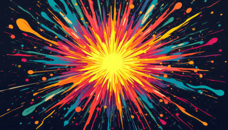 This dynamic image features a radiant explosion of colors, with vivid splashes of orange, pink, and teal radiating outward from a bright yellow core. The energetic design evokes feelings of joy and excitement, making it perfect for celebrations or creative projects.の素材