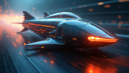 This stunning image showcases a sleek, futuristic spaceship gliding effortlessly through a vibrant, neon-lit corridor. The ships glossy surface reflects the dazzling lights around it, creating a mesmerizing visual effect that evokes a sense of speed and advanced technology.の素材
