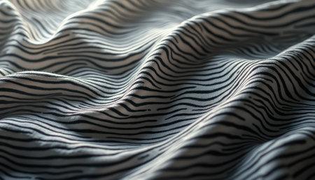 This close-up image showcases a luxurious fabric adorned with a striking zebra stripe pattern, flowing softly in gentle waves. The interplay of light and shadow accentuates the texture, creating a sense of depth and inviting touch, perfect for fashion or interior design projects.の素材