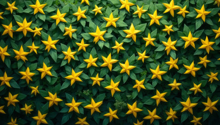 A stunning array of bright yellow stars is beautifully interspersed with rich green leaves, creating a lively and enchanting scene. This image captures the essence of natures beauty, evoking feelings of joy and tranquility through its vibrant colors and harmonious composition.の素材