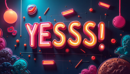 This eye-catching image features a bold, neon YESSSS sign surrounded by colorful 3D shapes and textures, creating a lively atmosphere. The dynamic colors and whimsical design evoke feelings of excitement and positivity, making it perfect for celebrations or motivational themes.の素材