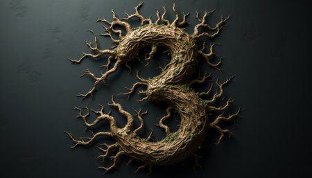 This captivating image features the number three intricately crafted from gnarled tree roots, set against a dark, textured background. The organic design, adorned with patches of green moss, evokes a sense of natures beauty and resilience, blending artistry with the essence of the earth.の素材