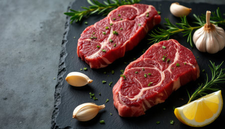 Two succulent beef steaks rest on a sleek black slate, surrounded by fresh garlic cloves and vibrant lemon wedges. The rich marbling of the meat, paired with aromatic herbs, creates an inviting scene perfect for culinary enthusiasts.の素材