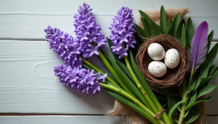 A stunning arrangement of vibrant purple hyacinths is paired with a rustic nest containing speckled eggs, evoking a sense of spring and renewal. The soft textures and natural elements create a serene atmosphere, perfect for celebrating natures beauty and new beginnings.の素材