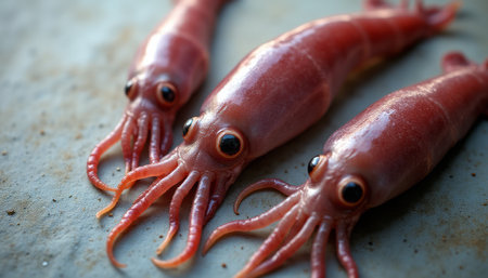 Three vibrant red squids lie on a textured surface, showcasing their intricate details and glistening bodies. The image captures the essence of marine life, highlighting the beauty and uniqueness of these fascinating creatures.の素材