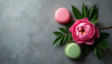 A vibrant pink peony flower rests elegantly beside pastel macarons on a textured gray surface. This delightful arrangement captures the essence of sweetness and beauty, inviting a sense of indulgence and tranquility.の素材