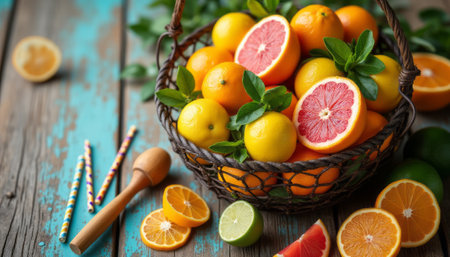 A rustic basket brimming with fresh oranges, lemons, and grapefruits sits on a weathered wooden table, surrounded by scattered citrus slices. The vivid colors and lush greenery evoke a sense of freshness and vitality, perfect for a healthy lifestyle.の素材