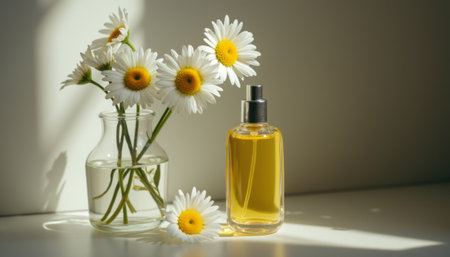 A beautifully arranged scene featuring a sleek perfume bottle next to a vase filled with vibrant daisies, illuminated by soft natural light. The warm yellow hue of the perfume contrasts beautifully with the delicate white petals, creating a serene and inviting atmosphere.の素材