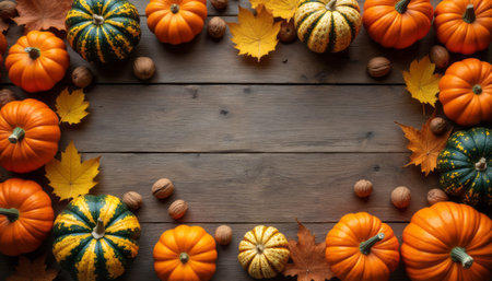 A rustic wooden table is adorned with an array of vibrant pumpkins and colorful autumn leaves, creating a warm, inviting atmosphere. The rich oranges and greens of the pumpkins contrast beautifully with the golden and brown hues of the leaves, evoking the essence of fall and the harvest season.の素材