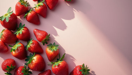 Fresh strawberries scattered on a soft pink background, casting playful shadows that enhance their vibrant red hue. This delightful arrangement captures the essence of summer, evoking feelings of freshness and sweetnessの素材