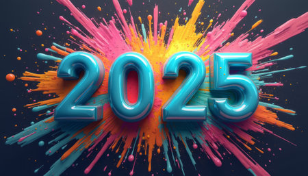 The striking 3D numbers 2025 burst forth from a vivid explosion of colorful paint splashes, creating an energetic and celebratory atmosphere. This dynamic composition symbolizes the excitement and creativity of the upcoming year, inviting viewers to embrace new beginnings and possibilities.の素材