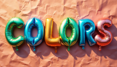 The vibrant balloon letters spelling COLORS pop against a warm, crinkled orange backdrop, radiating joy and creativity. This playful composition captures the essence of fun and celebration, inviting viewers to embrace the beauty of color in their lives.の素材