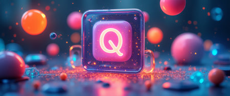 A striking Q icon radiates vibrant hues, encased in a translucent cube, amidst a playful array of colorful spheres. This captivating digital artwork evokes a sense of innovation and creativity, inviting viewers into a mesmerizing tech-inspired universe.の素材