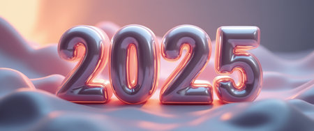 The bold, reflective numbers 2025 shine brightly against a smooth, undulating backdrop, creating a futuristic vibe. This captivating image symbolizes new beginnings and the excitement of the upcoming year, inviting viewers to embrace the possibilities ahead.の素材