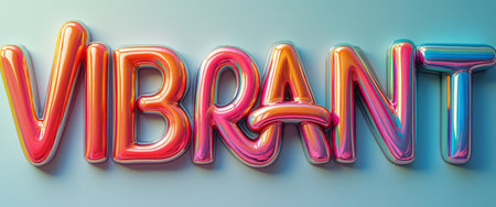 The image showcases the word VIBRANT in bold, glossy 3D letters, radiating a spectrum of vivid colors that evoke energy and excitement. This eye-catching design, with its playful curves and shiny finish, captures the essence of liveliness and creativity, making it perfect for dynamic branding or artistic projects.の素材