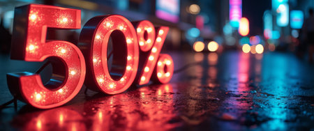 A vibrant 50 discount sign illuminated with bright lights stands out against a glistening wet street, reflecting the excitement of a bustling city at night. This captivating scene captures the essence of urban nightlife, inviting shoppers to seize incredible deals amidst the colorful backdrop of neon lights.の素材