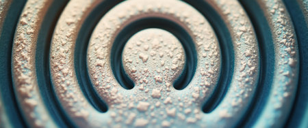 A close-up view of a mesmerizing spiral pattern reveals a textured surface adorned with fine granules, creating a captivating visual effect. The interplay of light and shadow enhances the depth and dimension, inviting viewers to explore the intricate details of this artistic design.の素材