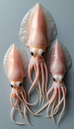 This captivating image features three pristine squids, showcasing their delicate, translucent bodies and expressive eyes. The soft pink hues and intricate details of their tentacles create a mesmerizing underwater allure, inviting culinary exploration and appreciation for marine life.の素材