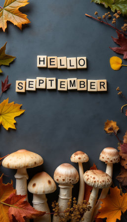 A charming autumn scene features vibrant leaves in shades of yellow and orange, surrounding wooden blocks that spell out Hello September. Below, delicate mushrooms peek through, creating a warm and inviting atmosphere that celebrates the arrival of fall.の素材