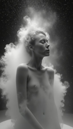 A stunning black-and-white portrait captures a serene woman with closed eyes, surrounded by a mystical cloud of mist. The ethereal atmosphere, combined with the twinkling stars, evokes a sense of tranquility and introspection, inviting viewers to explore the depths of their imagination.の素材