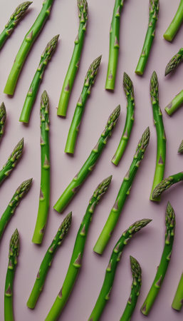 A stunning display of vibrant green asparagus spears is artfully arranged on a soft pink background, creating a visually appealing contrast. This image captures the freshness and vitality of healthy eating, inviting viewers to embrace a nutritious lifestyle.の素材