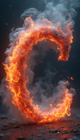 A stunning depiction of the letter C engulfed in vibrant flames, surrounded by ethereal wisps of smoke. This captivating image radiates energy and intensity, symbolizing passion and creativity in a visually striking manner.の素材