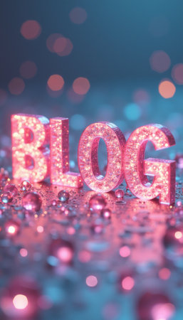 The image features the word BLOG in dazzling, illuminated letters, set against a dreamy backdrop of soft blue and pink hues. This captivating scene, adorned with glimmering beads, evokes a sense of creativity and inspiration, perfect for digital content creators and bloggers.の素材