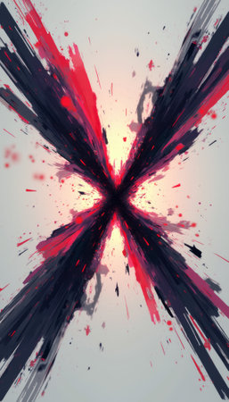 An electrifying burst of red and black hues converges to form a striking X shape, radiating energy and movement. This captivating abstract design evokes feelings of intensity and passion, making it perfect for modern art enthusiasts and creative projects.の素材