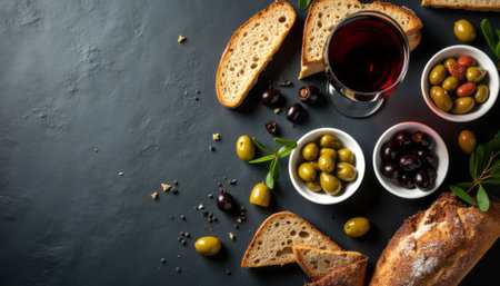 An inviting arrangement of crusty bread slices, vibrant olives, and a glass of rich red wine creates a warm and cozy atmosphere. This delightful scene captures the essence of indulgence and togetherness, perfect for a gathering or a quiet evening at home.の素材