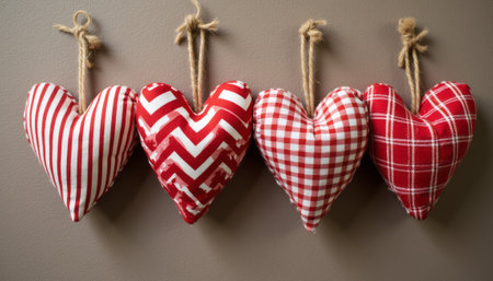 A delightful display of four fabric hearts, each adorned with unique red and white patterns, hangs gracefully against a neutral wall. This heartwarming arrangement evokes feelings of love and warmth, perfect for adding a cozy touch to any space.の素材