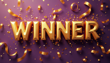 The bold, golden letters spelling WINNER shine brightly against a rich purple background, exuding a celebratory vibe. Surrounded by sparkling confetti and swirling ribbons, this image captures the essence of victory and joy, perfect for any festive occasion or achievement celebration.の素材