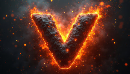 A striking letter V emerges from a backdrop of swirling smoke and glowing embers, radiating an intense fiery glow. The textured surface of the letter adds depth, while the surrounding sparks create a dynamic and energetic atmosphere, perfect for capturing attention in any design.の素材