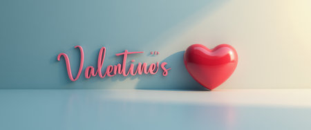 A glossy red heart sits beside the playful, pink cursive text spelling Valentines, set against a soft blue backdrop. This charming composition radiates love and affection, perfect for celebrating romantic moments and heartfelt connections.の素材