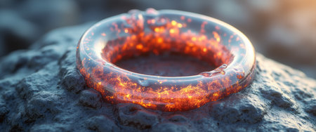 A stunning, translucent ring filled with glowing lava sits majestically on a rugged rock surface, radiating warmth and energy. The interplay of light and texture creates a captivating visual, evoking a sense of raw power and elemental beauty.の素材