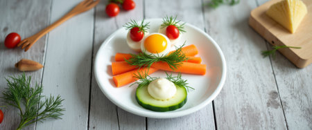 A whimsical arrangement of colorful vegetables and eggs creates a delightful food art scene on a rustic wooden table. This playful presentation, featuring vibrant carrots, fresh dill, and cherry tomatoes, invites healthy eating with a fun twist, perfect for kids and adults alike.の素材